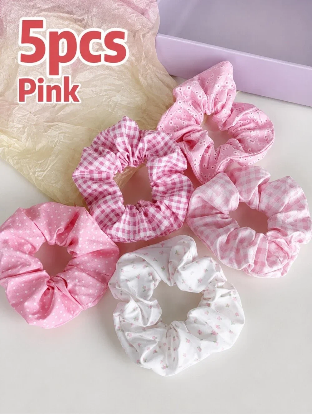 5 Pieces Pink Plaid Polkadot and Flowers Scrunchie Hair Tie Set